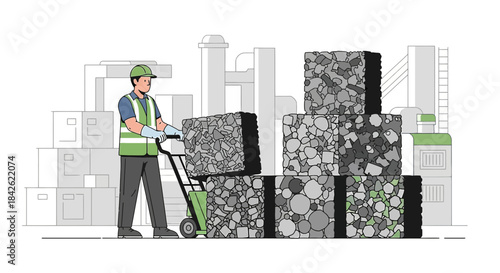 Efficient recycling operative moving compressed material at industrial facility landscape