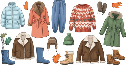Winter clothing illustration set, warm jackets, coats, sweaters, boots, gloves, hats, and cold weather accessories for fashion design, seasonal projects, and retail graphics