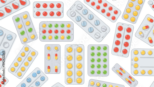 Colorful assortment of pills and tablets in various blister packs scattered on a white surface for medical or healthcare concepts