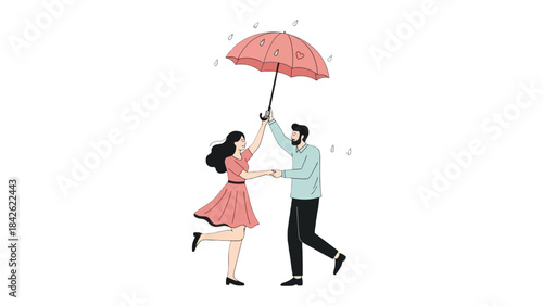 Dancing in the Rain: A couple in a loving embrace, dancing gently under the shelter of an umbrella, with raindrops falling around them. Capturing pure joy and affection in the rain
