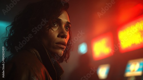 Introspective Woman in Atmospheric Setting with Neon Lights