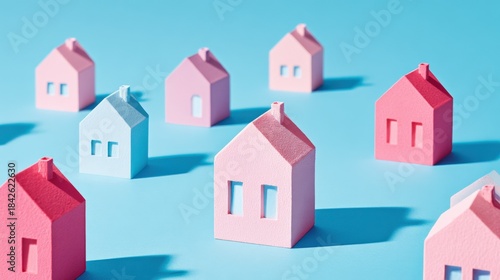 Colorful Miniature Houses on Blue Background for Real Estate Concept