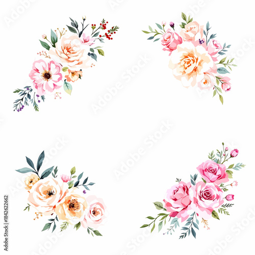 Watercolor wild flowers illustration in vintage style, leaves and grass set. Collection botanic garden elements.