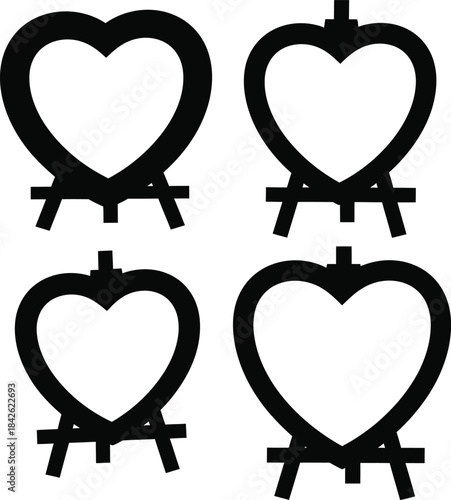 Heart frame on easel stand icon set, romantic display sign silhouettes in black