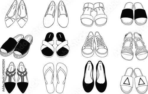 Women’s footwear silhouettes, shoe styles, black vector, fashion icon set, casual shoes, sandals, flats, sneakers, design elements, illustration