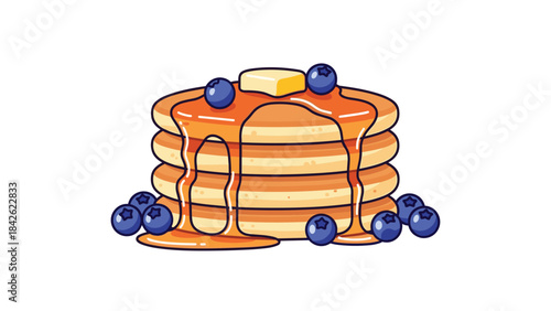 A stack of pancakes with blueberries and syrup on top