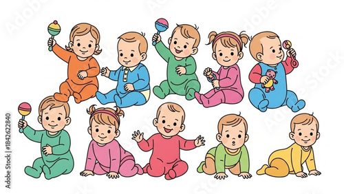 Cute Newborn Babies and Toddlers – Colorful Vector Line Art Bundle vector illustration
