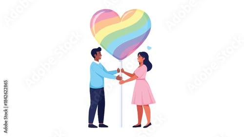 Love in Unity: Depicting a tender moment between a couple, their love is celebrated with a vibrant, heart-shaped balloon mirroring the colors of the rainbow.