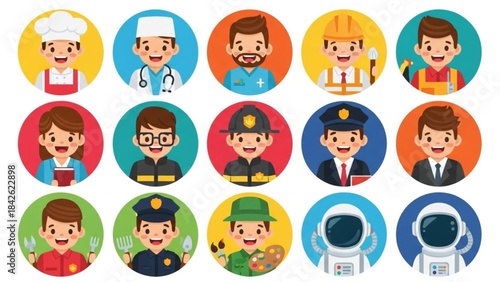 Happy People of Various Professions – Cute Cartoon Characters Vector Bundle