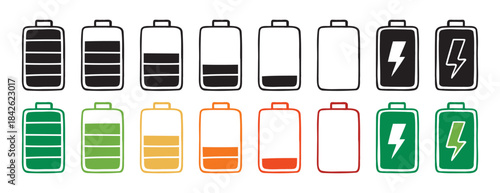 battery indicator color and black charge doodle hand drawn icon set. Outline drawing line clipart symbol collection