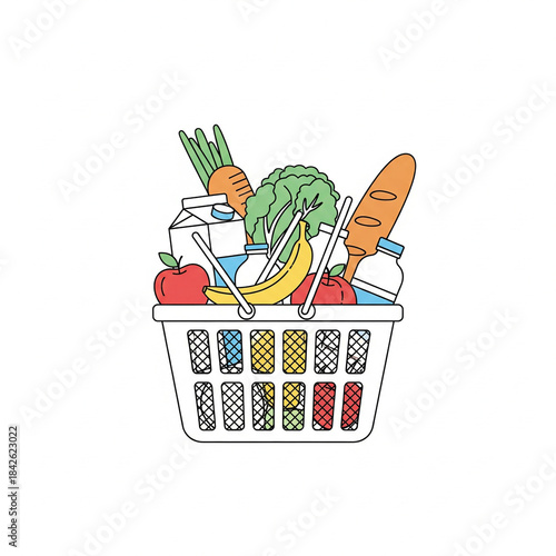 A colorful shopping basket filled with fresh groceries and produce