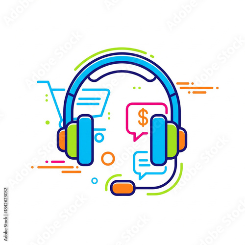 Headphones shopping cart and dollar sign in a line art style