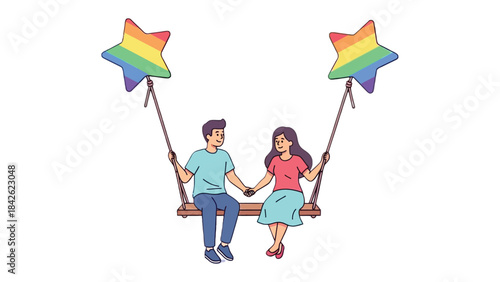 Couple Swinging under Rainbow Stars: A tender moment unfolds as a couple, hand in hand, swings on a vibrant swing set beneath the colorful glow of rainbow-themed star decorations.