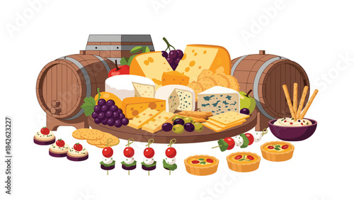 A colorful illustration of a wine and cheese platter with various foods 