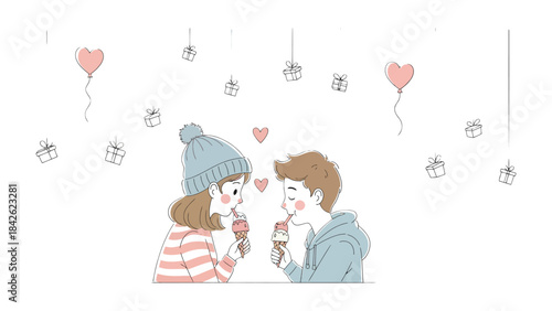 First Love's Sweet Treat: A tender scene of a couple, their hearts entwined, sharing an ice cream moment, balloons and gifts showering from above.