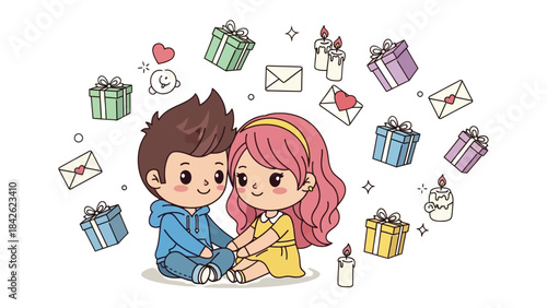 Love's Embrace: Two cartoon lovers embrace, surrounded by heart, gifts, letters and candles, celebrating affection and connection.