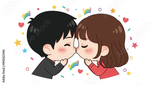 Love's Embrace: An adorable animated couple shares a tender kiss amidst a flurry of hearts and confetti, celebrating a moment of pure affection and connection.