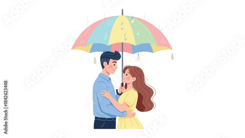 Affectionate Embrace Under Rain: A couple shares a tender moment beneath a colorful umbrella, their embrace a symbol of love and togetherness amidst a gentle downpour.