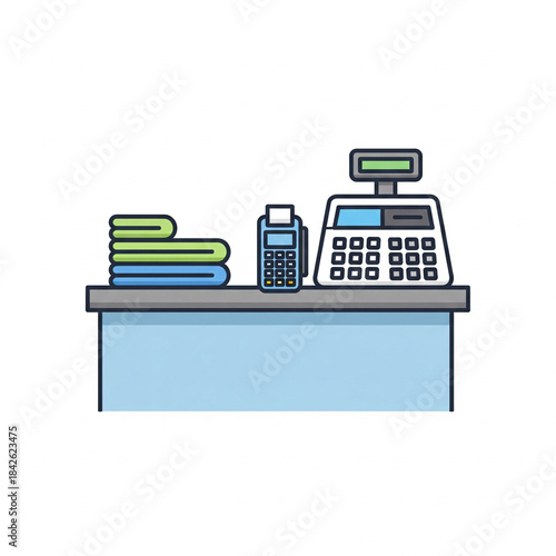 A checkout counter with a cash register phone and books