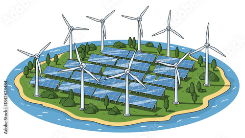 Renewable energy sources with solar panels and wind turbines on an island with green trees and blue water