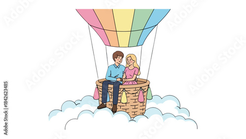 Love in the Sky: A romantic couple soars through the clouds in a colorful hot air balloon, creating a dreamy scene of love and adventure.