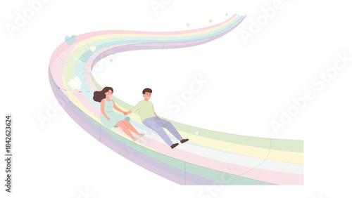 A Journey of Harmony: A couple glides hand-in-hand down a vibrant rainbow, symbolizing togetherness and shared dreams. Witness their carefree descent as they embrace the magic of their shared journey.