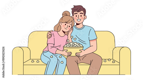 Cozy Couch Cinema: A relaxed couple, snuggled together on a comfortable sofa, share a moment of togetherness, a bowl of popcorn completing the scene.