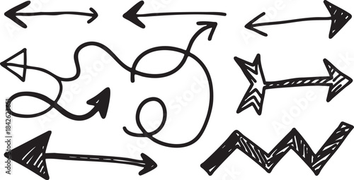Grunge Hand-Drawn Arrow & Swirl Set: Bold Black Sketch Directional Design Elements