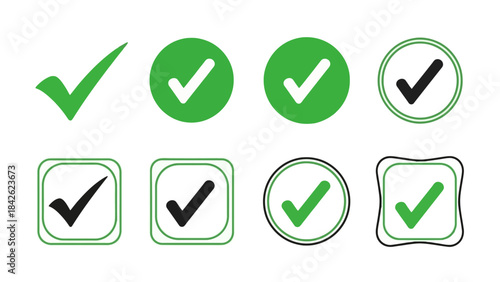 Set of Green Check Mark Icons in Various Shapes and Styles on White Background