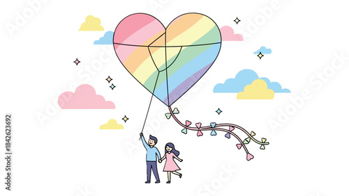 Colorful Heart Kite: An animated scene of a couple joyfully flying a rainbow heart-shaped kite against a soft sky adorned with pastel clouds, embodying love, unity, and a celebration of diversity.
