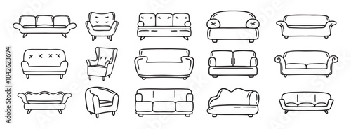 sofa and armchair doodle hand drawn icon set. luxury couch for apartment, comfort sofa models. Outline drawing sofa and armchair line clipart symbol collection
