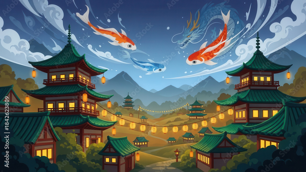 Fototapeta premium A serene asian village at dusk with koi fish swimming in the sky and traditional architecture under a mountainous landscape