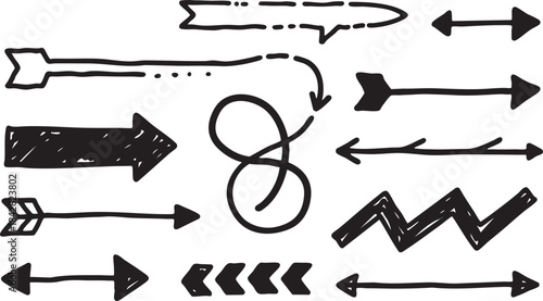 Grunge Hand-Drawn Arrow & Swirl Set: Bold Black Sketch Directional Design Elements