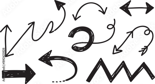 Grunge Hand-Drawn Arrow & Swirl Set: Bold Black Sketch Directional Design Elements