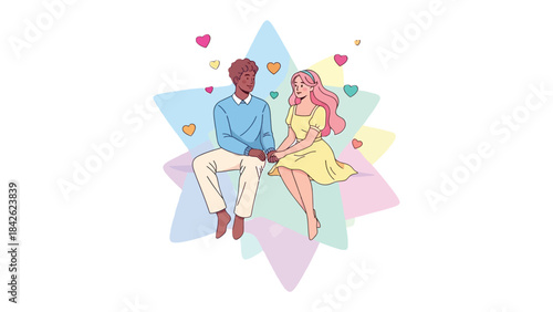 Love's Gentle Embrace: A couple shares an intimate moment, their hands entwined against a backdrop of pastel hues and floating hearts, capturing the essence of togetherness and the language of love.