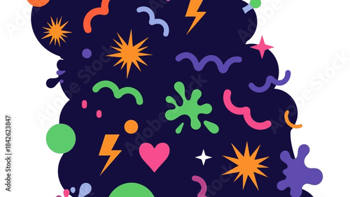 Vibrant Abstract Pattern with Geometric Shapes and Symbols on Dark Background