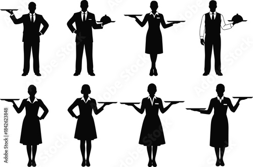 Black Silhouette Set of Waiters and Waitresses Holding Trays and Plates Vector Illustration, Service Staff, Restaurant, Cafe, Hotel, Catering, and Hospitality Profession Collection.