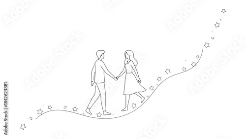 Love's Gentle Stroll: A tender depiction of a couple walking hand-in-hand along a star-lit path, embodying the essence of togetherness, commitment, and shared journey in their romantic tale.