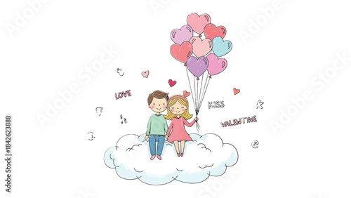 Love's Ascent: A charming illustration depicts a couple ascending on a cloud of love, embraced by heart-shaped balloons, symbolizing the flight of romance.