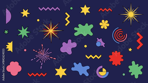 Vibrant Abstract Geometric Shapes and Splatters on Dark Background Vector Art