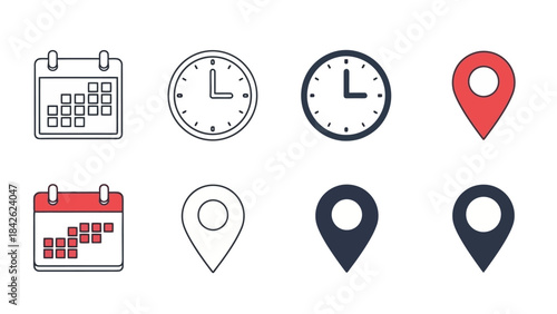 Set of Flat Vector Icons: Calendar, Clock, and Location Pins for Design