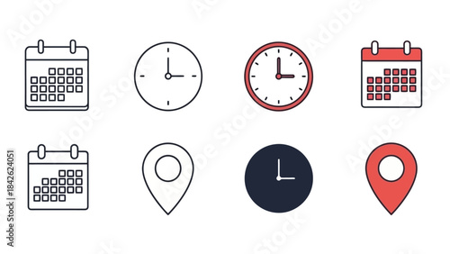 Set of Flat Icons for Calendar, Clock, and Location Pin on White Background