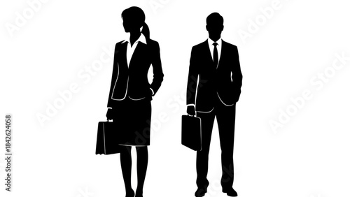 Business Professionals Silhouette Duo Standing Holding Briefcases - Male and Female