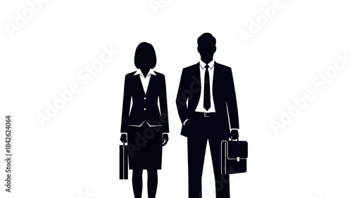 Business Professionals Silhouettes: Male and Female in Suits with Briefcases