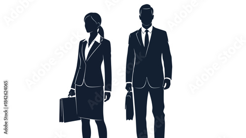 Business Professionals Silhouette Duo: Man and Woman in Suits with Briefcases