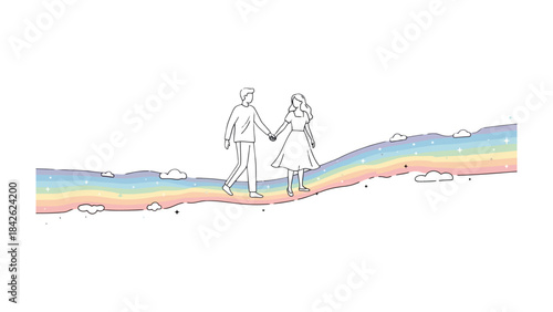 Dreamwalk: A minimalist illustration of a couple hand-in-hand walking on a rainbow, evoking dreams of hope and the promise of a journey together. 