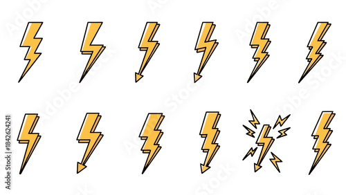 Collection of Yellow Lightning Bolt Icons with Black Outline on White Background
