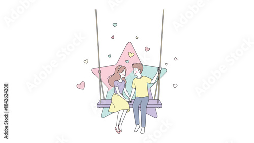 Starry-eyed Sweethearts on a Swing: An illustration of a couple hand-in-hand, seated together on a swing amidst a sprinkle of hearts and stars, framed against a soft pastel star.