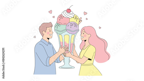 Sweet Sundae Serenade: Two young lovers share a giant ice cream sundae with vibrant colors and toppings, framed by hearts, epitomizing the sweet nature of love. 