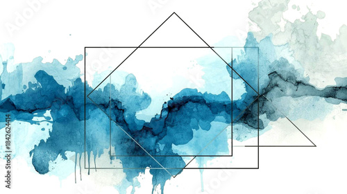 Abstract watercolor design with geometric shapes in blue hues on